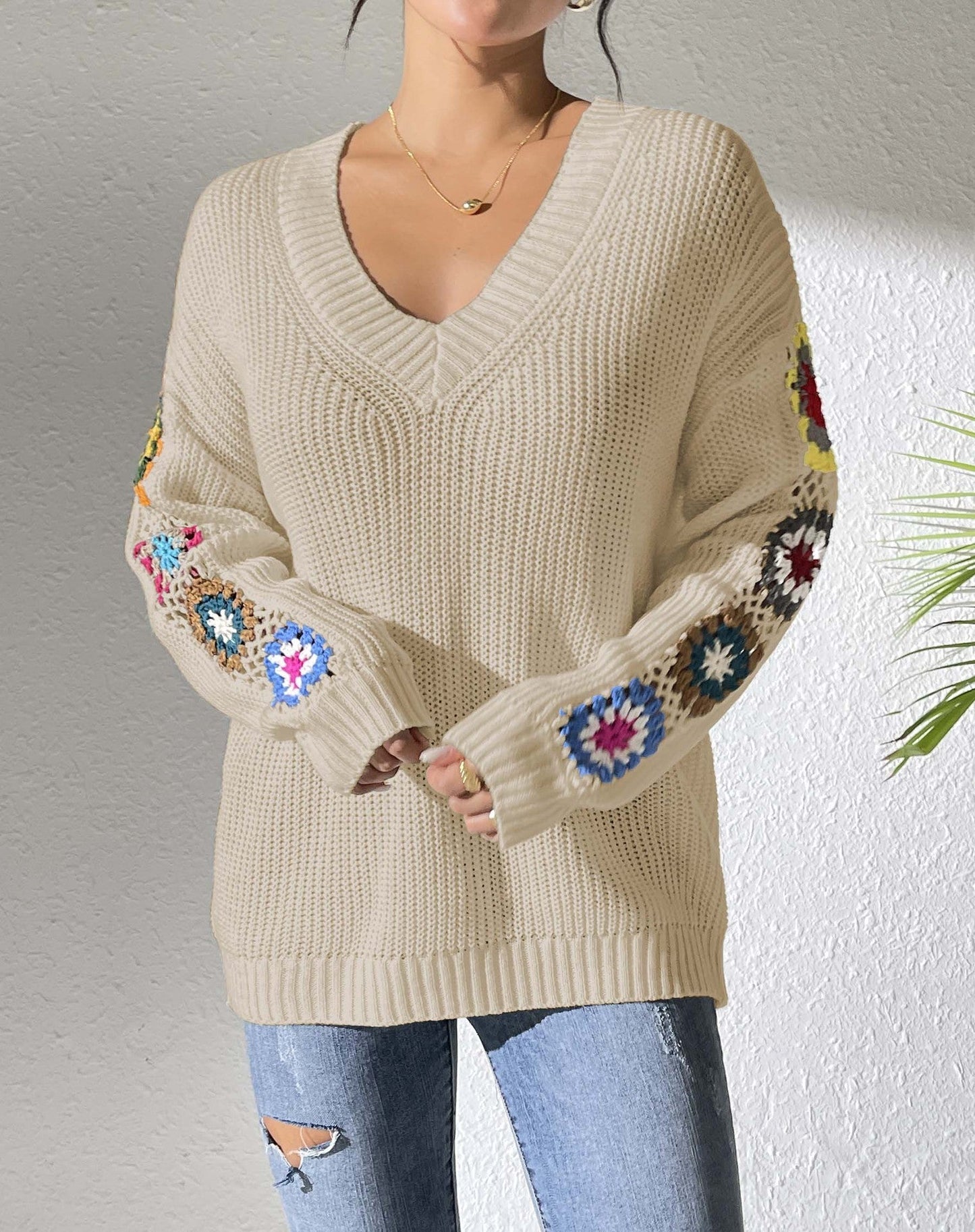 Autumn And Winter Crochet Stitching V-neck Pullover Sweater Bounty General Store