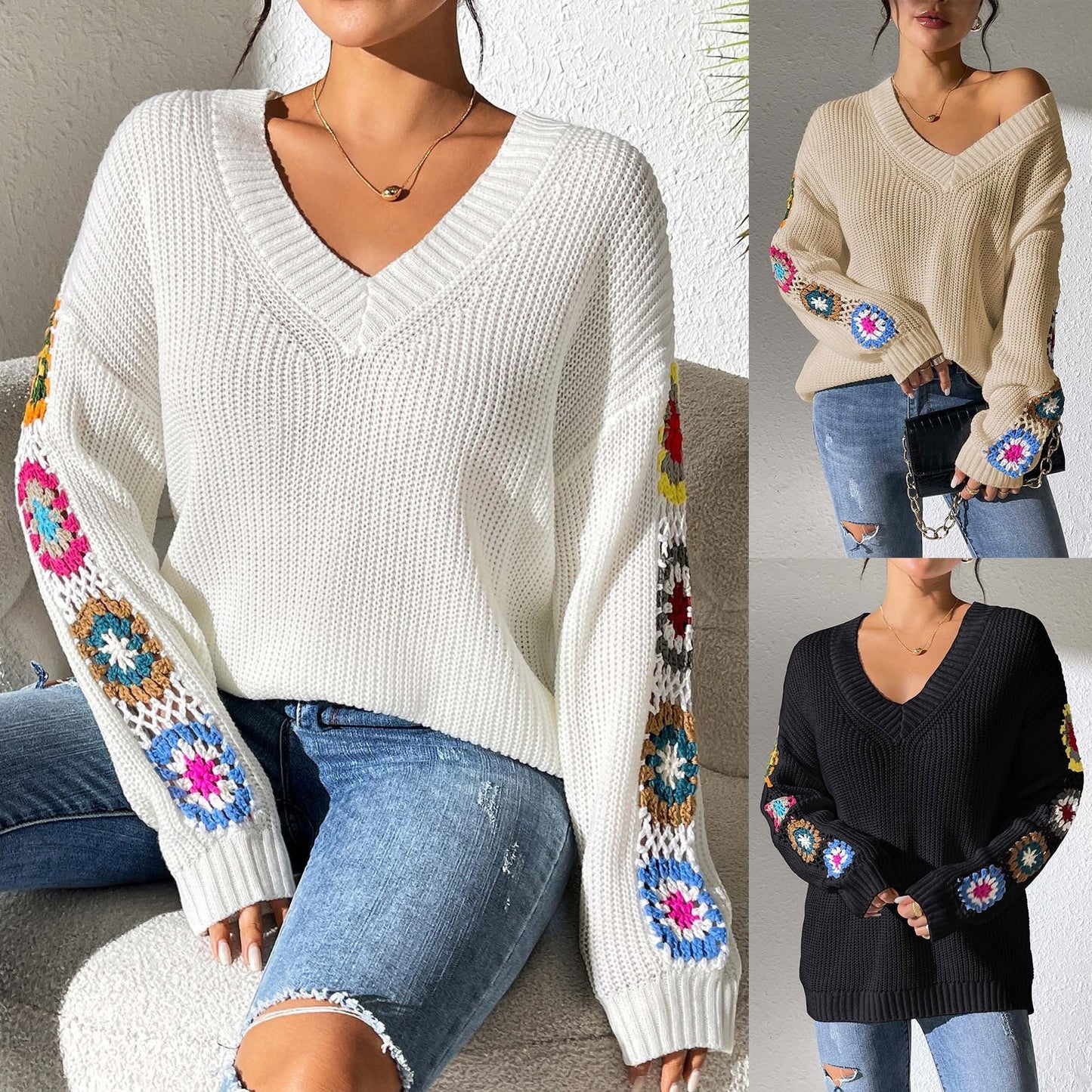 Autumn And Winter Crochet Stitching V-neck Pullover Sweater Bounty General Store