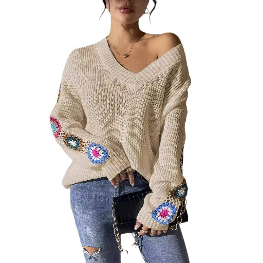 Autumn And Winter Crochet Stitching V-neck Pullover Sweater Bounty General Store