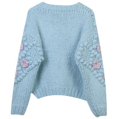 Heavy Industry Hand Crochet Flower Three-dimensional Decoration Round Neck Loose Knitted Cardigan Bounty General Store