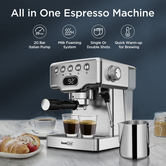 Geek Chef Espresso Machine, 20 Bar Espresso Machine With Milk Frother For Latte, Cappuccino, Macchiato, For Home Espresso Maker, 1.8L Water Tank, Stainless Steel, Ban On Amazon Bounty General Store