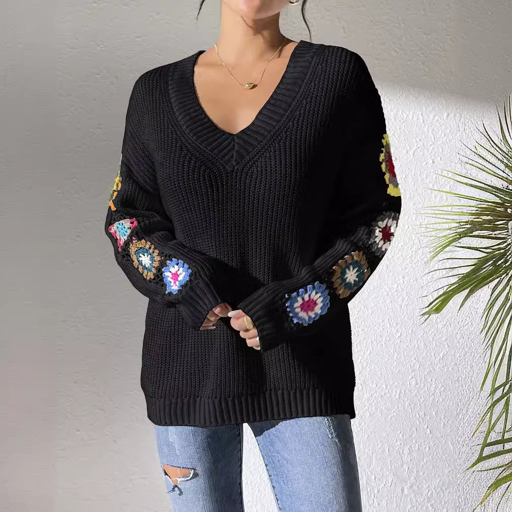 Autumn And Winter Crochet Stitching V-neck Pullover Sweater Bounty General Store