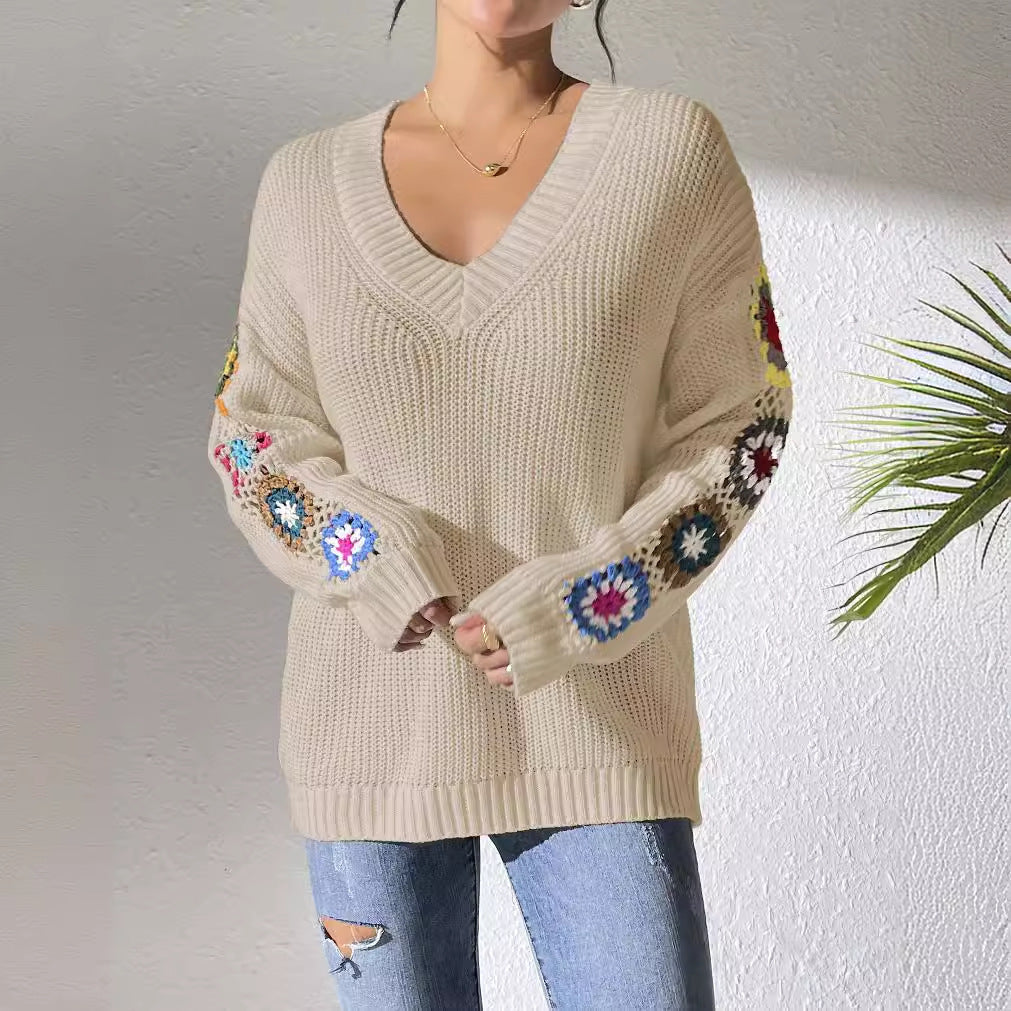 Autumn And Winter Crochet Stitching V-neck Pullover Sweater Bounty General Store