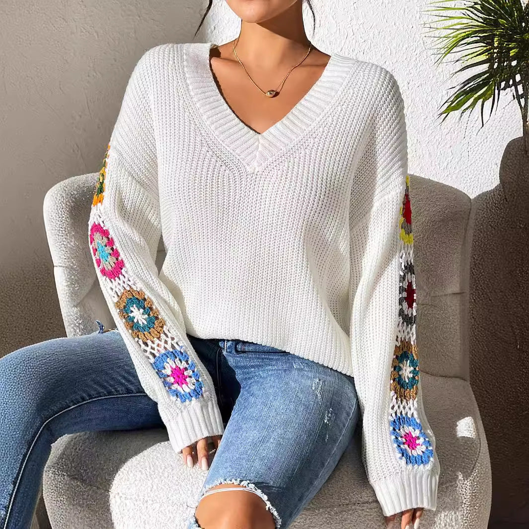 Autumn And Winter Crochet Stitching V-neck Pullover Sweater Bounty General Store