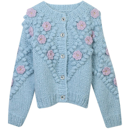 Heavy Industry Hand Crochet Flower Three-dimensional Decoration Round Neck Loose Knitted Cardigan Bounty General Store