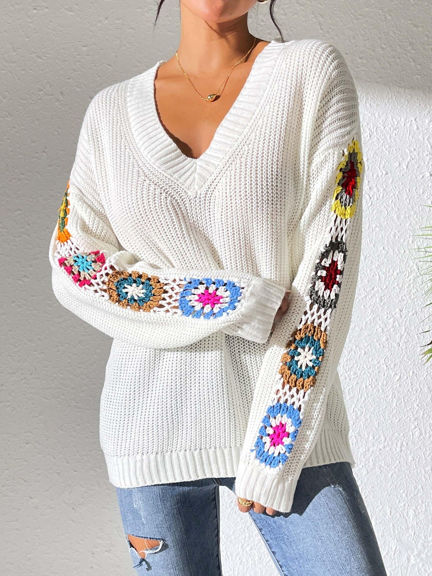 Autumn And Winter Crochet Stitching V-neck Pullover Sweater Bounty General Store